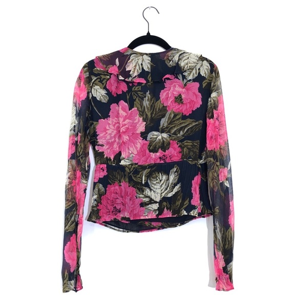 Anne Klein AK 100% Silk Black Pink Floral Long Sleeve Ruffle Button Blouse Top - Picture 2 of 8
